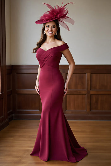 Robe de mère de mariée sirène bordeaux à épaules dénudées